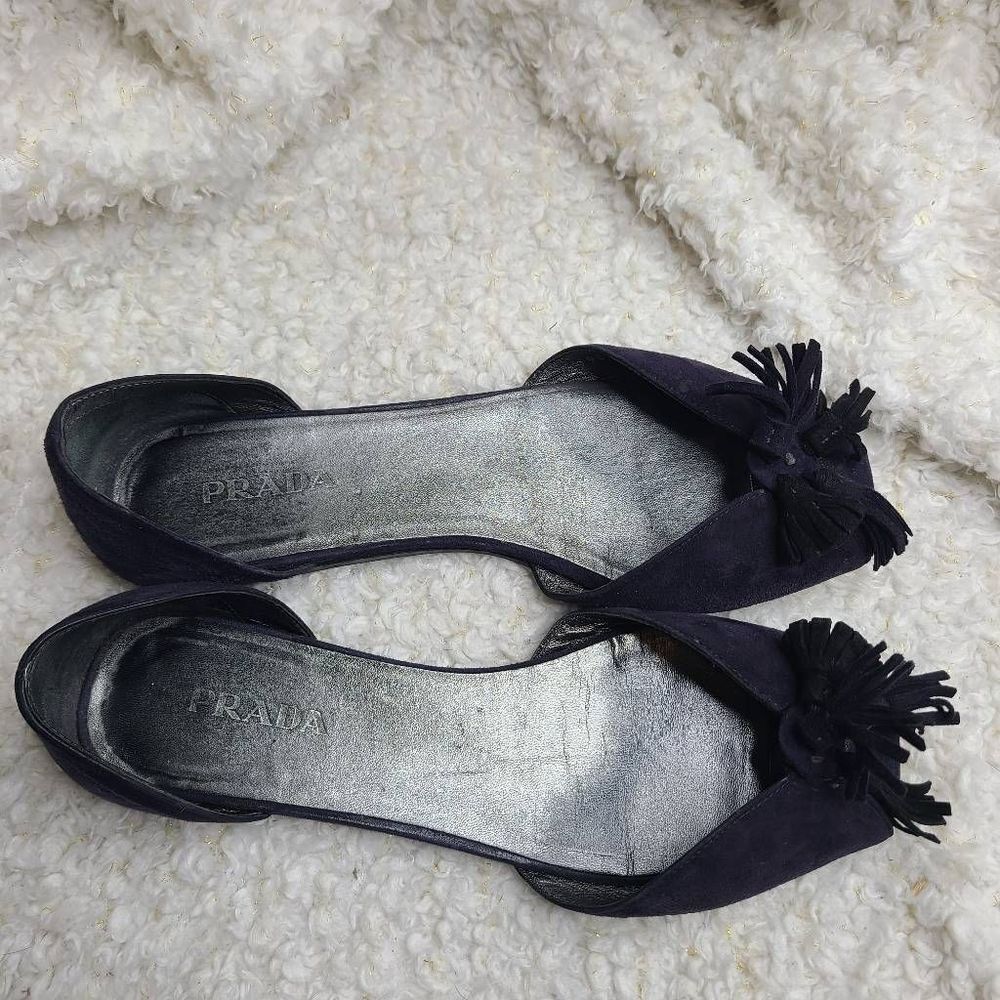 Prada Navy Blue Suede Leather Tassel‎ Peep-toe D'orsay Flats sz 40 - Picture 2 of 10